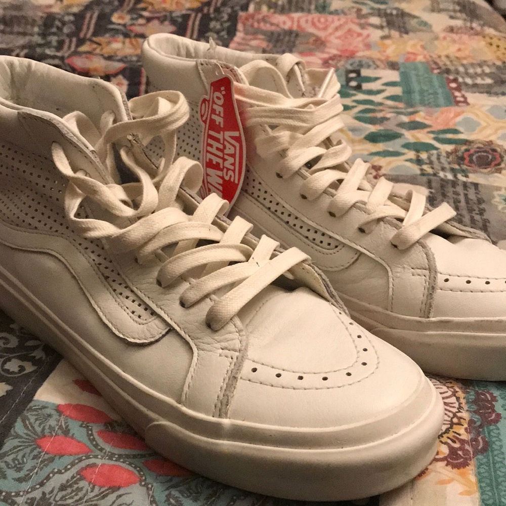 White Old Skool Hightop Vans w/ Spotted Design.